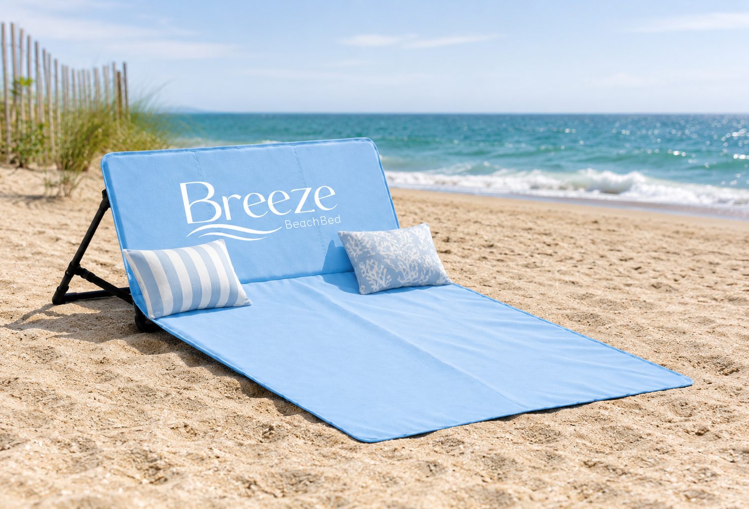 Breeze BeachBed set up on the sand by the sea